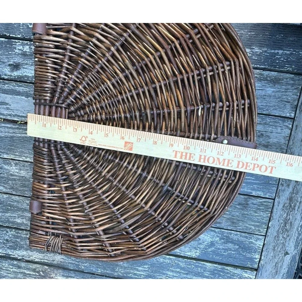 Vintage Brown Wicker Half Moon Picnic Basket Plaid Lined w Blue Dinnerware New